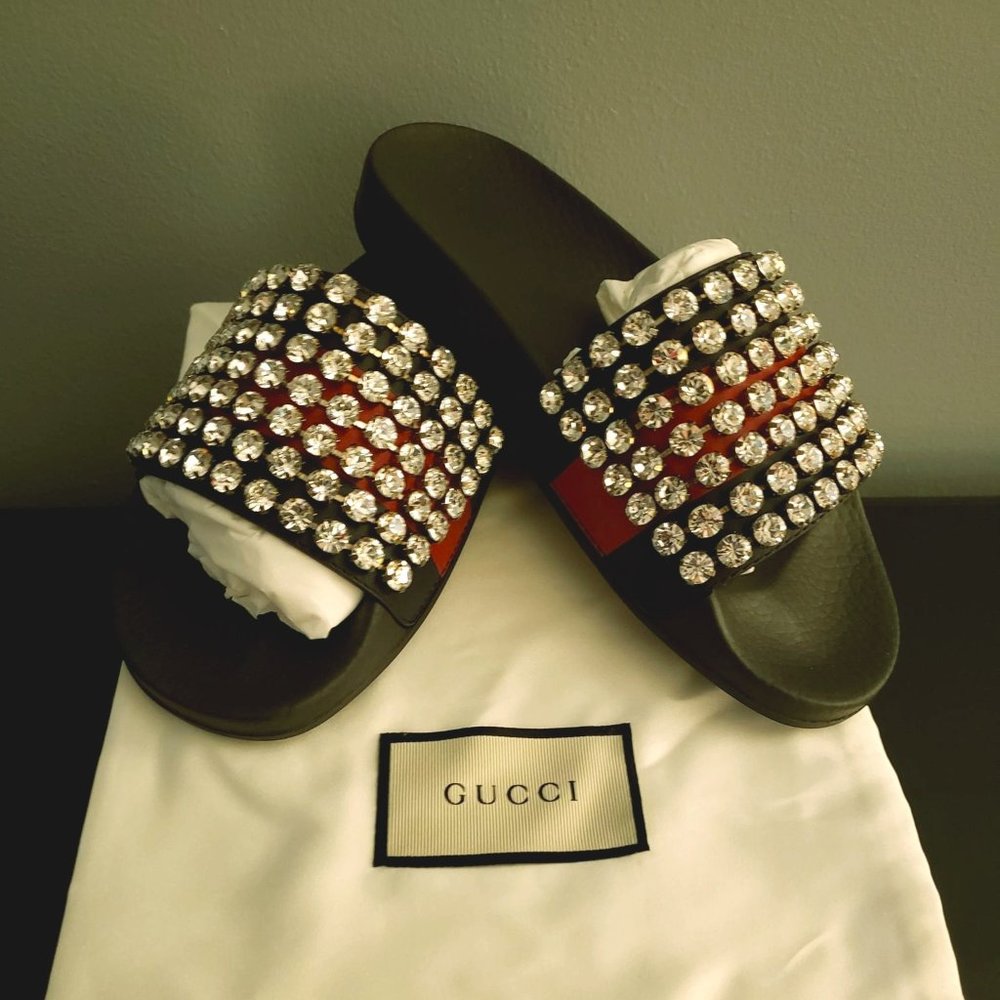 Gucci Womens web slides with crystals NIB